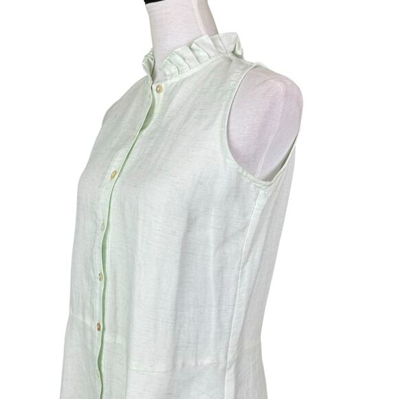 Worth Pastel Green Linen Blend Sleeveless Button Up Ruffle Mock Neck Shirt - Picture 5 of 10